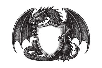 Dragon Heraldic Coat of Arms blank Shield woodcut engraving vector illustration