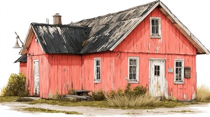 Charming Rustic Cottage with Weathered Red Walls and Wooden Shingles Ideal for Countryside Sce