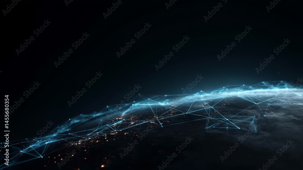 Aufkleber Stylized Earth showcases glowing city lights and blue nodes forming a global web over a dark field of stars, with ample space on the left for text