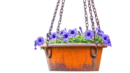 Hanging planter with vibrant purple flowers