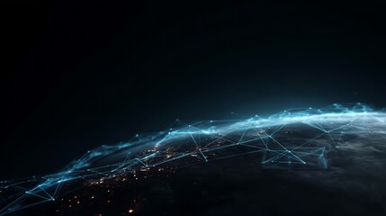 Stylized Earth showcases glowing city lights and blue nodes forming a global web over a dark field of stars, with ample space on the left for text
