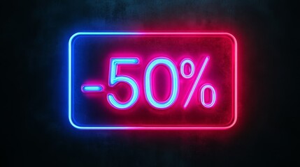 Bright Neon Sign Displaying a Fifty Percent Discount in a Retail Store at Night With Colorful Lights Illuminating the Text and Background