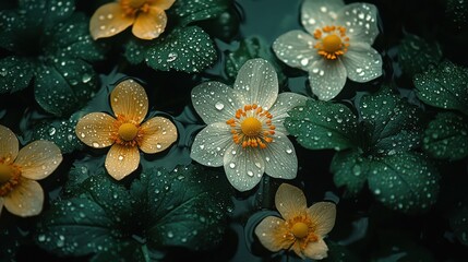 Serene Floral Arrangement with Dewdrops: Delicate Beauty in a Dark Backdrop