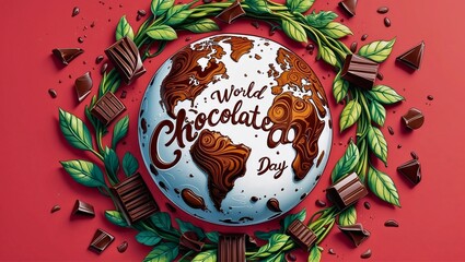 international world chocolate day celebration, world chocolate day written with chocolate on globe