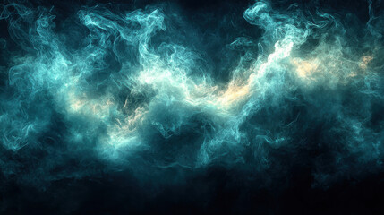 Fototapeta premium A chilling, ethereal cloud of green and blue smoke, swirling and dancing on a stark black canvas, evokes a sense of mystery and dread. A haunting backdrop texture, perfect for a spooky design 