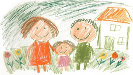 Obraz premium Family drawing crayon art happy home childs illustration simple artwork concept