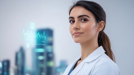 Visionary Healthcare: A skilled healthcare professional stands confidently against a futuristic backdrop, symbolizing expertise and innovation in the medical field.