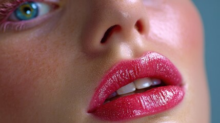 Naklejka premium Glistening glossy lips close-up studio makeup art beauty macro perspective high-definition glamour