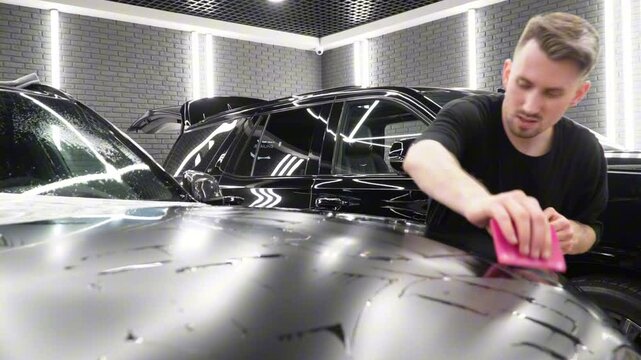 Car wrapping, detailing, tuning and styling. Detailer smoothes PPF. A car wrapping specialist applies a polyurethane film to the car. Selective focus. PPF protective film against chips and scratches.