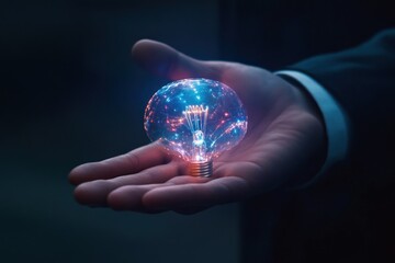 glowing idea bulb in businessmanâ€™s palm, holographic technology overlay, success concept