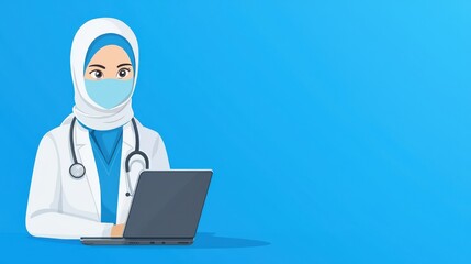 Healthcare Telehealth Access concept. Medical professional with a laptop and stethoscope against a blue background.