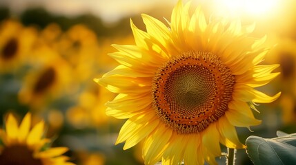 Fototapeta premium Bright Sunflower Blooming in a Golden Field During Sunset Captures the Beauty of Nature's Colors and Textures in Summer