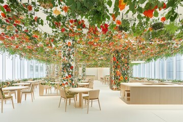 Obraz premium Floral Canopy Restaurant Interior with Tables and Chairs in Elegant Minimalist Style