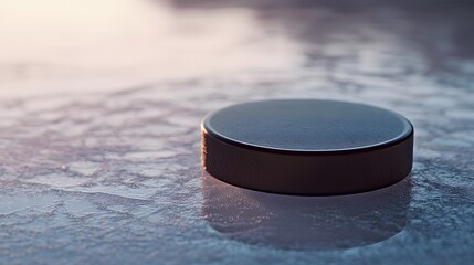A single black hockey puck resting on a textured ice surface