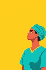 Healthcare Telehealth Access concept. A healthcare professional looking upward against a bright yellow background.