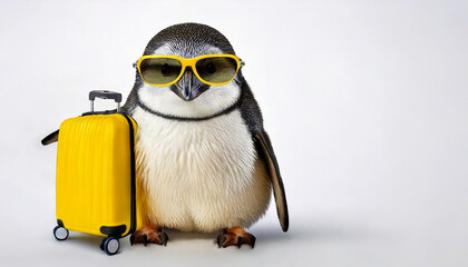 A cute penguin wearing stylish yellow sunglasses, standing next to a matching yellow suitcase. The penguin has a playful and ready-to-travel vibe, suggesting a vacation or holiday theme.