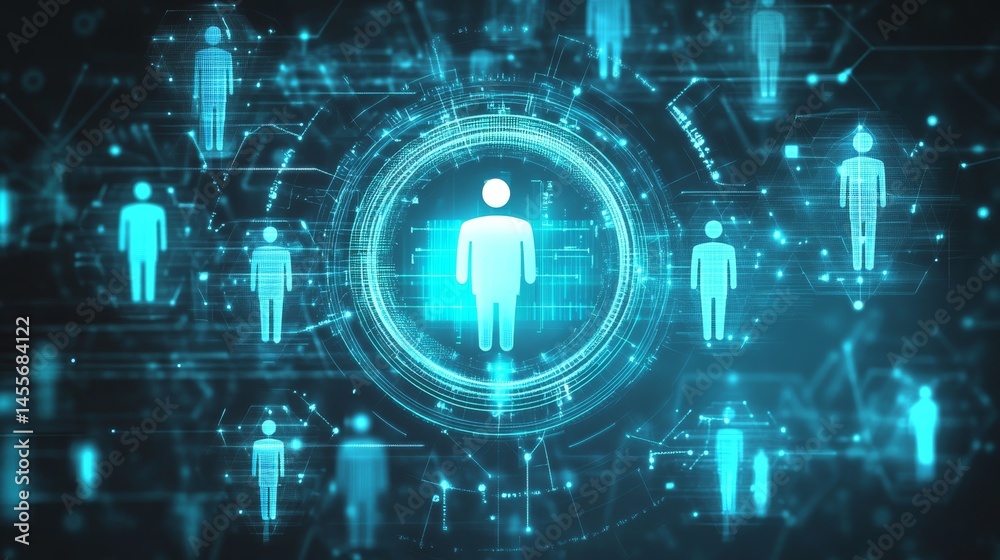 Poster digital representation of human figures in a technological landscape showcasing advanced data visual