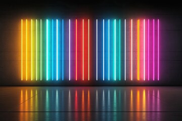 Colorful neon lights against a dark wall, reflecting on a polished floor.  Vibrant vertical lines of various hues, creating a dynamic and futuristic aesthetic