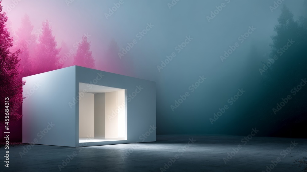 Poster Cube-shaped modern home with luminous windows stands amid tall neon trees, creating an otherworldly atmosphere in a tranquil forest setting at twilight