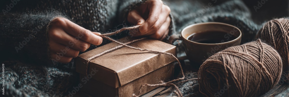 Leinwandbilder hands tie twine around rustic brown box in a cozy atmosphere with a cup of coffee nearby, creating a