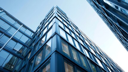 Obraz premium Low-angle view highlights a contemporary building with sharp lines and expansive windows, illuminated by natural light in a serene environment