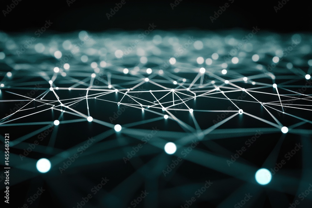 Poster complex network of interconnected nodes and lines. light teal and white points connected by faint li