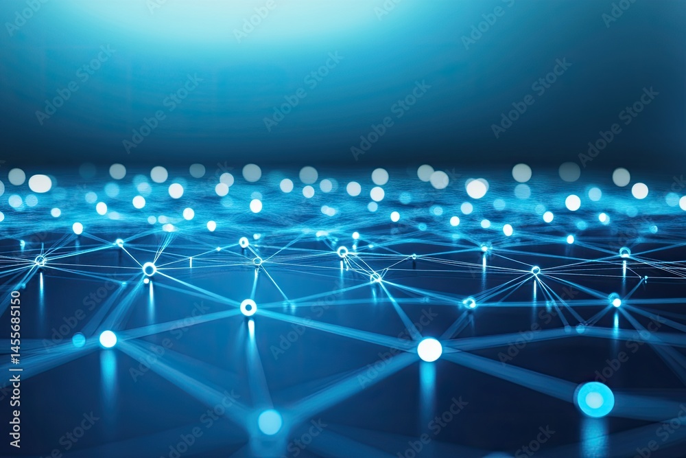 Poster a network of interconnected points and lines, forming a complex digital landscape. blue glowing node