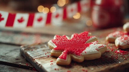 Maple leaf cookie with red and white icing on a wooden tray, celebrating Canada Day with festive charm.
