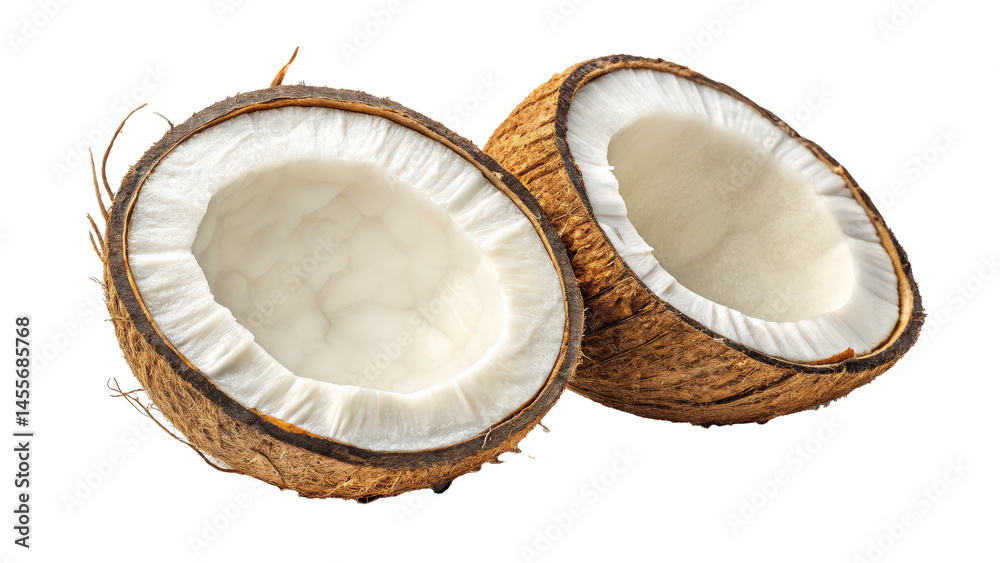 Aufkleber two coconut halves showing white flesh isolated on transparency background, highlighting texture and