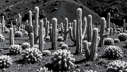 a striking black and white photograph of a cactus garden in lanzarote, canary islands, spain