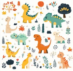 Fototapeta premium Cute cartoon pattern with happy and cheerful dinosaurs, trees and leaves on a white background. Fun and playful style.