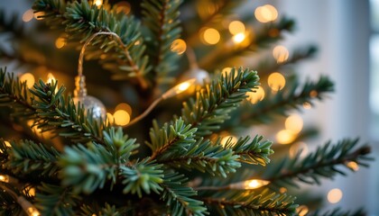 a blurred image of an artificial pine christmas tree adorned with bokeh led decorative lights, creating a festive defocused background