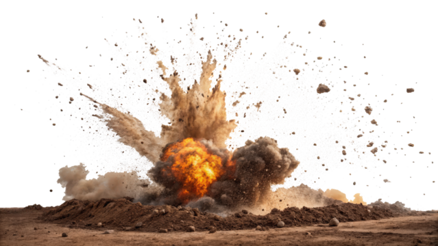 Powerful explosion erupts from ground, sending dirt and debris flying in all directions. fiery blast creates dramatic scene with smoke and dust filling air