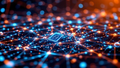 a futuristic business backdrop featuring a network connection structure in cyberspace, with moving particles and big data visualization