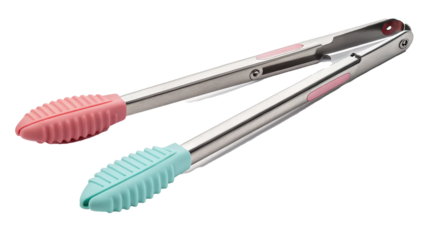 Stainless steel kitchen tongs with silicone tips in pink and blue, featuring metal grip and locking mechanism, isolated on transparency background