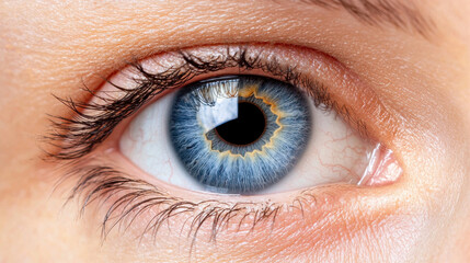 Blue eye closeup with detailed iris and eyelashes showing natural skin texture and eye contact