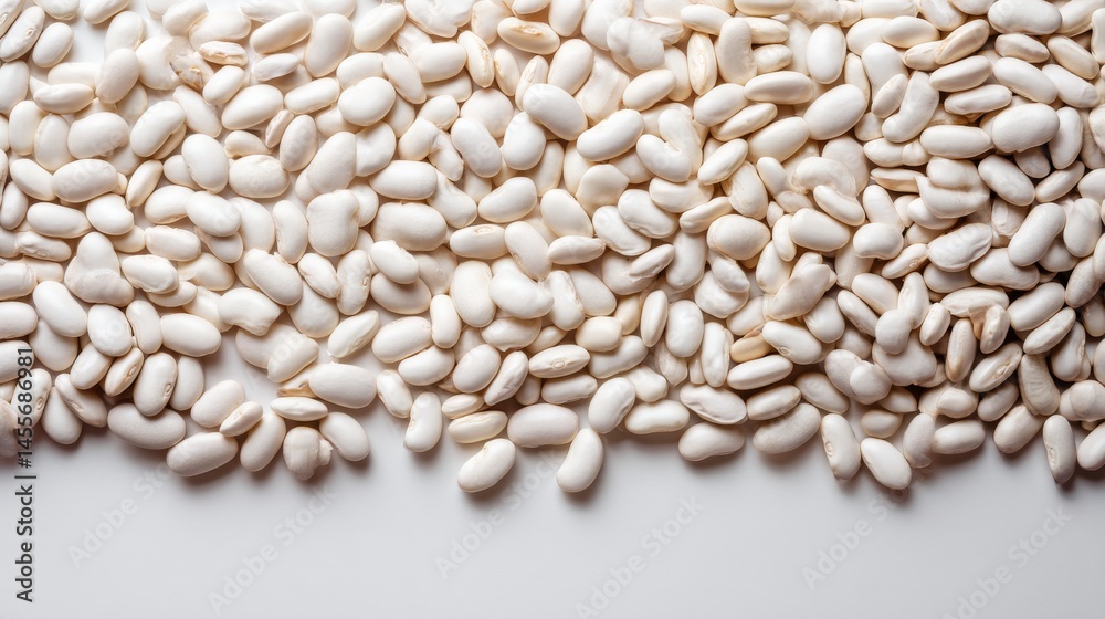 Poster White beans are scattered across a clean, bright surface, showcasing their smooth texture and creating an inviting composition with ample copy space