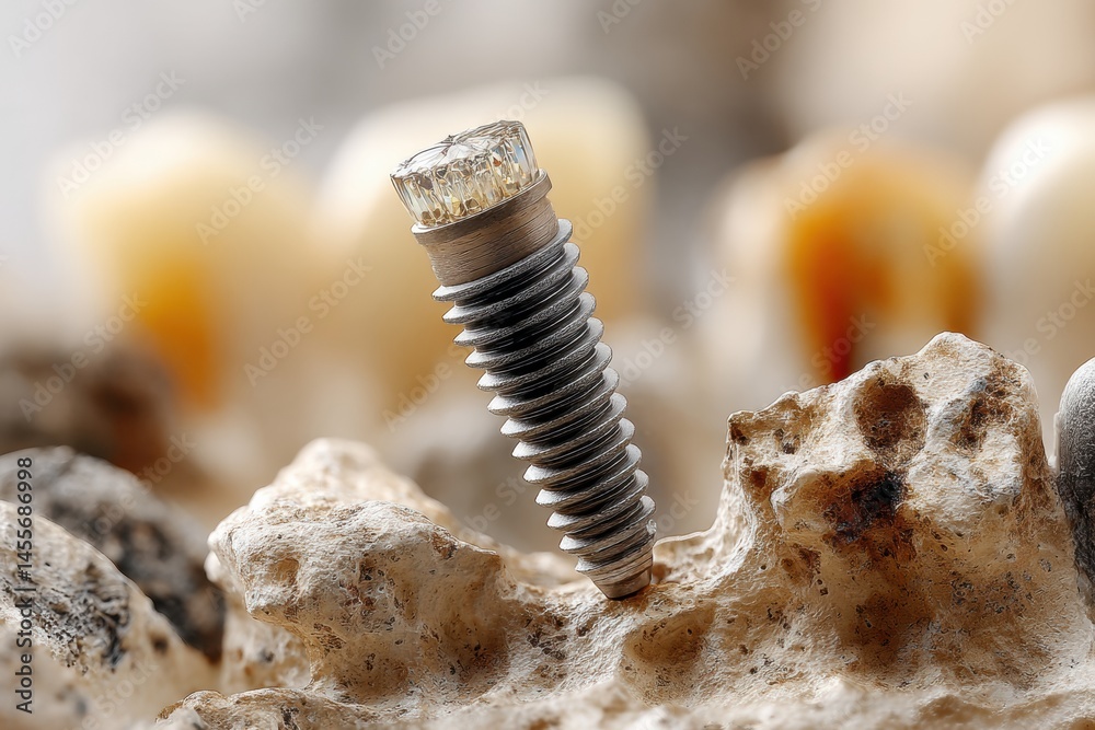Aufkleber Implant Embedded in Natural Bone Structure Captured in Macro Close-Up Detail Revealing Texture and Interaction With Surrounding Areas Generative AI