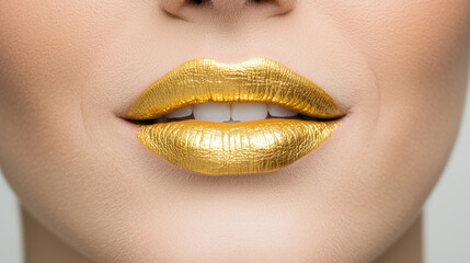 Smiling lips with golden reflection closeup showing shiny metallic lipstick on smooth skin