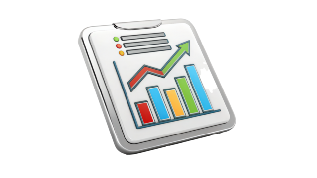 Colorful bar and line chart icon on transparency background, representing data analysis and progress tracking. chart includes upward trends and status indicators, ideal for business reports