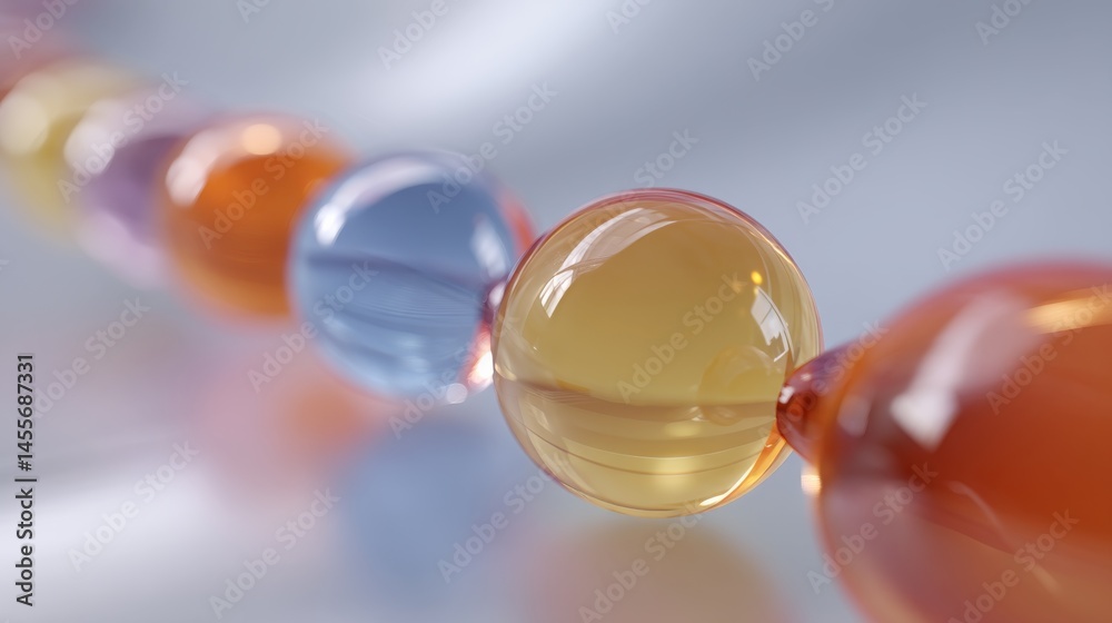 Poster Macro-style 3D rendering displays a series of colorful molecular spheres in orange, blue, and yellow, interconnected with glowing links on a smooth background