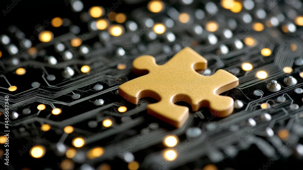 Poster A single golden puzzle piece glows vividly against a dark circuit board backdrop, illuminated by scattered neon dots, creating an intriguing visual effect