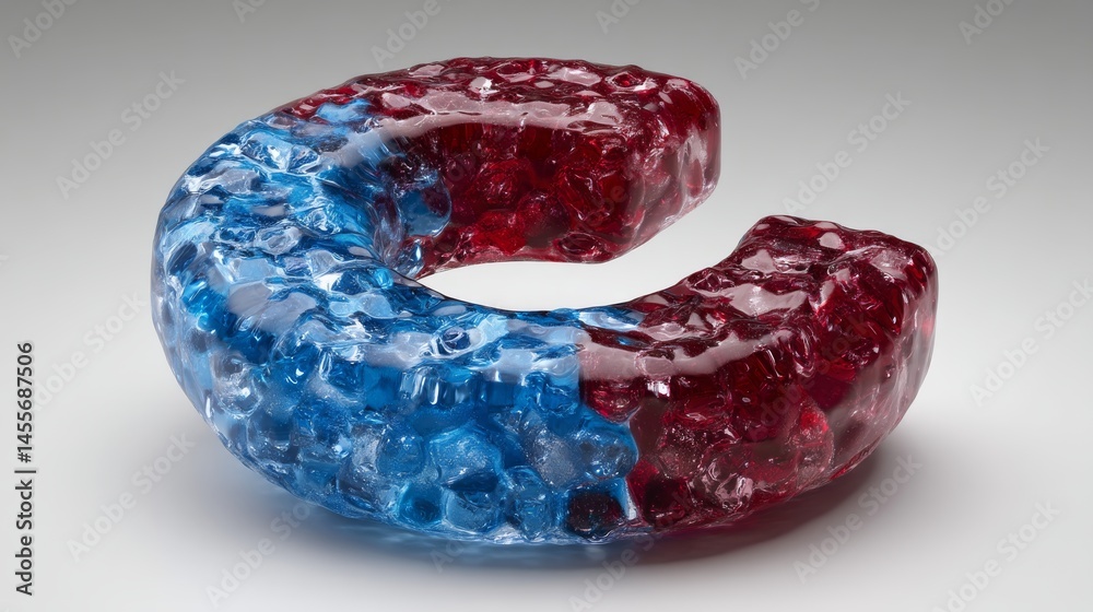 Poster a medium close-up displays a 3d-rendered letter c featuring translucent sapphire and crimson gradien