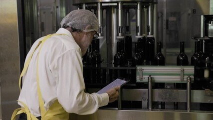 Wine production line : Engineering and factory specialist in sterile uniform working checking industrial machine in wine factory.  Quality inspection staff