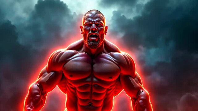Muscles big, strength training, bodybuilding pose. Physical power. Muscular hypertrophy increases strength capacity. Fitness regimen improves energy levels. Workout intensity enhances endurance