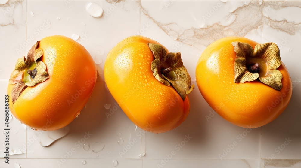 Aufkleber Three ripe persimmons with glossy skins are artfully arranged in a triangular layout on a white textured surface, creating an appealing and fresh composition