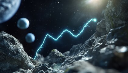 Flame-illuminated digital trend line graph in cosmic landscape outer space abstract visualization