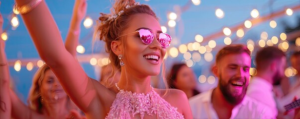 Fototapeta premium Celebration with friends, vibrant atmosphere, joyful expressions, and twinkling lights.