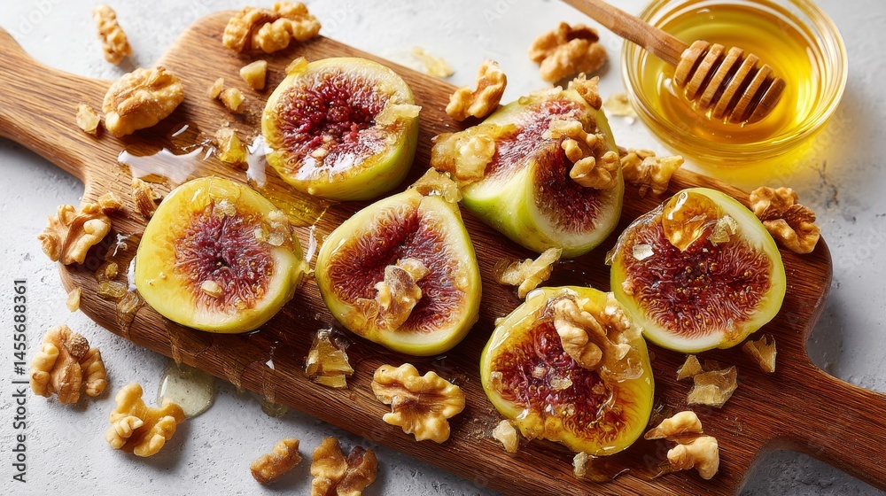 Poster sliced figs are artfully arranged on a rustic wooden board with walnuts and honey, creating a deligh