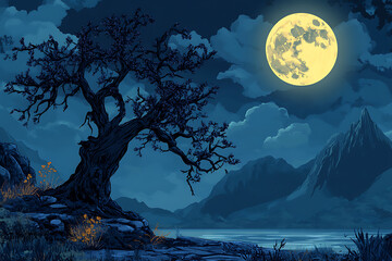 A solitary twisted tree silhouetted against a full moon over a tranquil lake and mountains